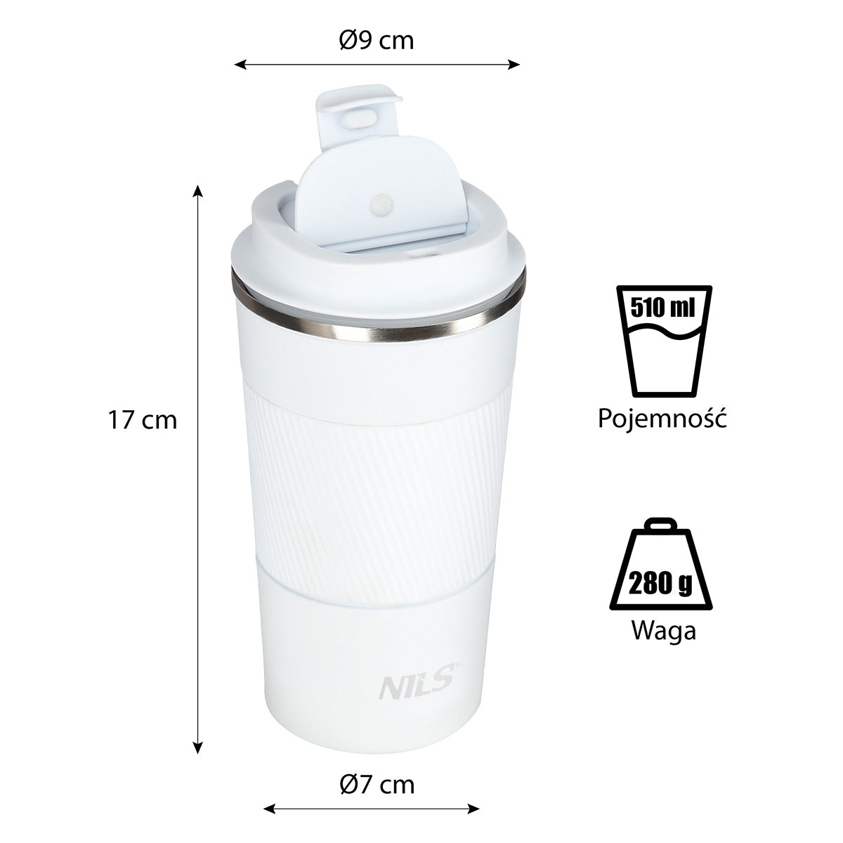 NILS NCC09 Reisebecher Weiß Thermobecher mit Gummigriff Kaffee Tee Wasser