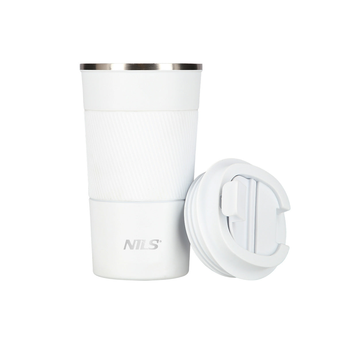 NILS NCC09 Reisebecher Weiß Thermobecher mit Gummigriff Kaffee Tee Wasser