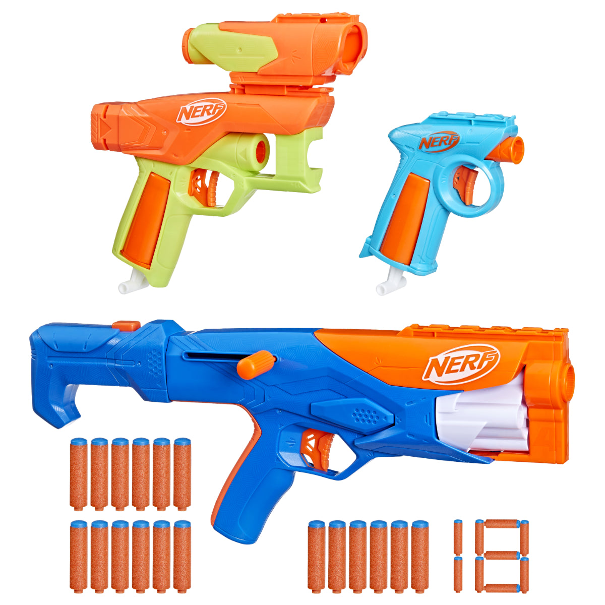 Nerf F8633 N Series Gear Up Pack mit 3 Blastern 18 N1 Darts Schaft und Visier ab 8 Jahre