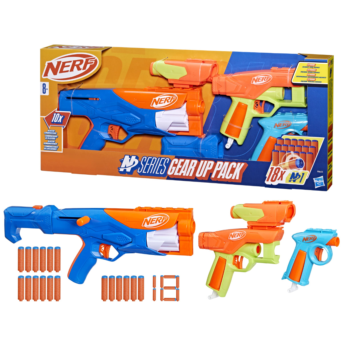 Nerf F8633 N Series Gear Up Pack mit 3 Blastern 18 N1 Darts Schaft und Visier ab 8 Jahre