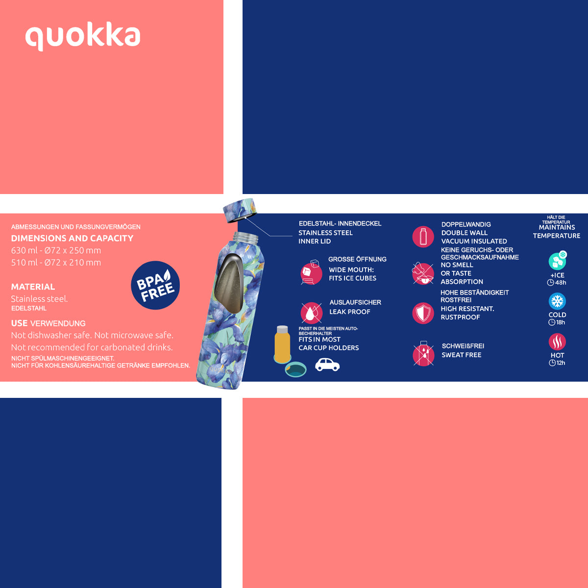 Quokka Solid Trinkflasche 630 ml ZEN Edelstahl Doppelwandig Heiß Kalt isoliert