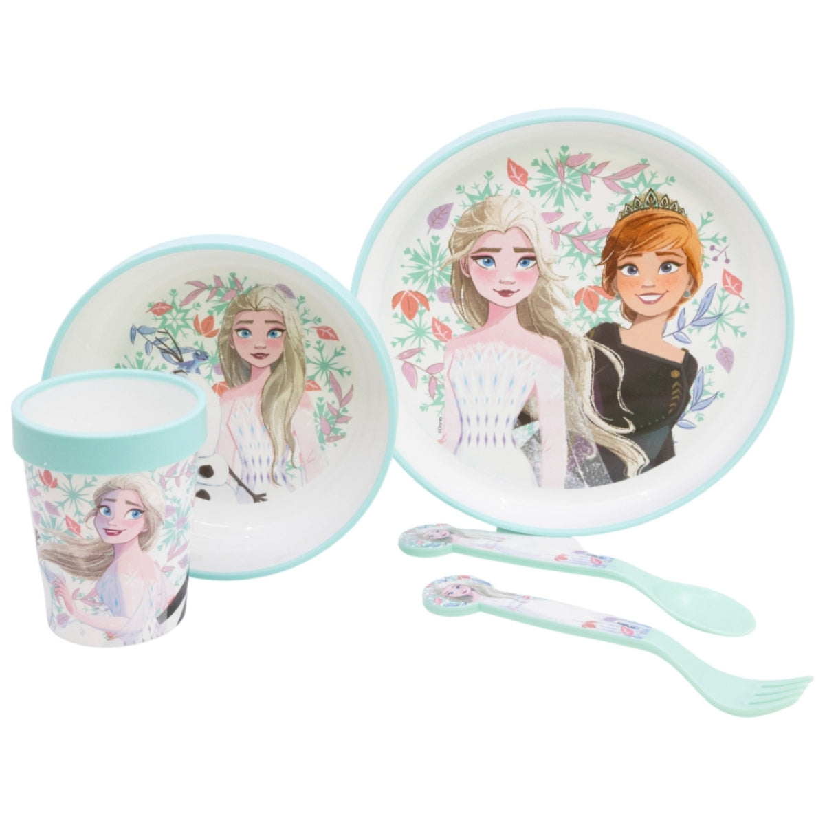 Disney Frozen Kindergeschirr Set 5-teilig – Rutschfestes Ess-Set mit Teller, Schüssel, Becher & Besteck