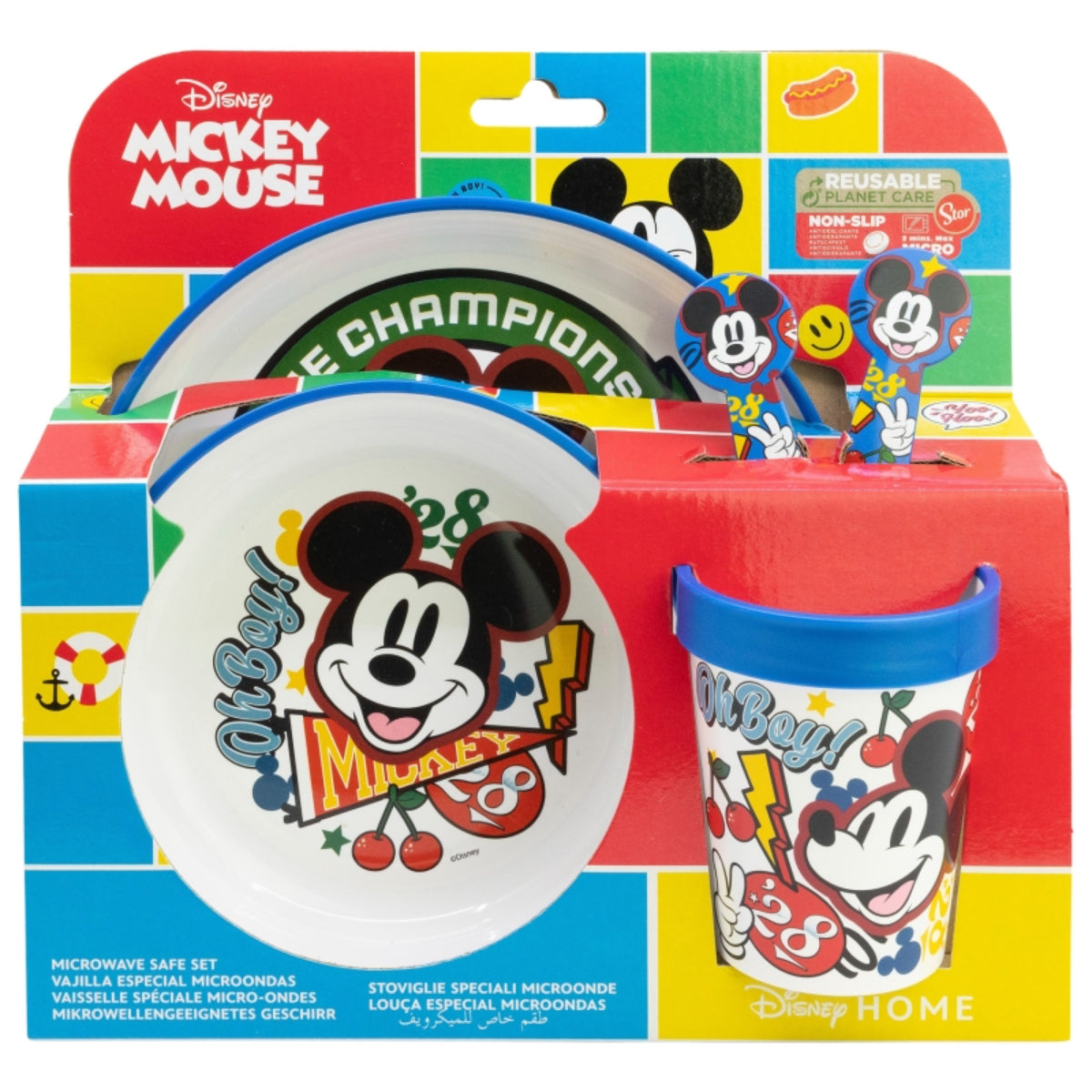 Disney Mickey Mouse Kindergeschirr Set 5-teilig Rutschfestes Ess-Set mit Teller, Schüssel, Becher & Besteck