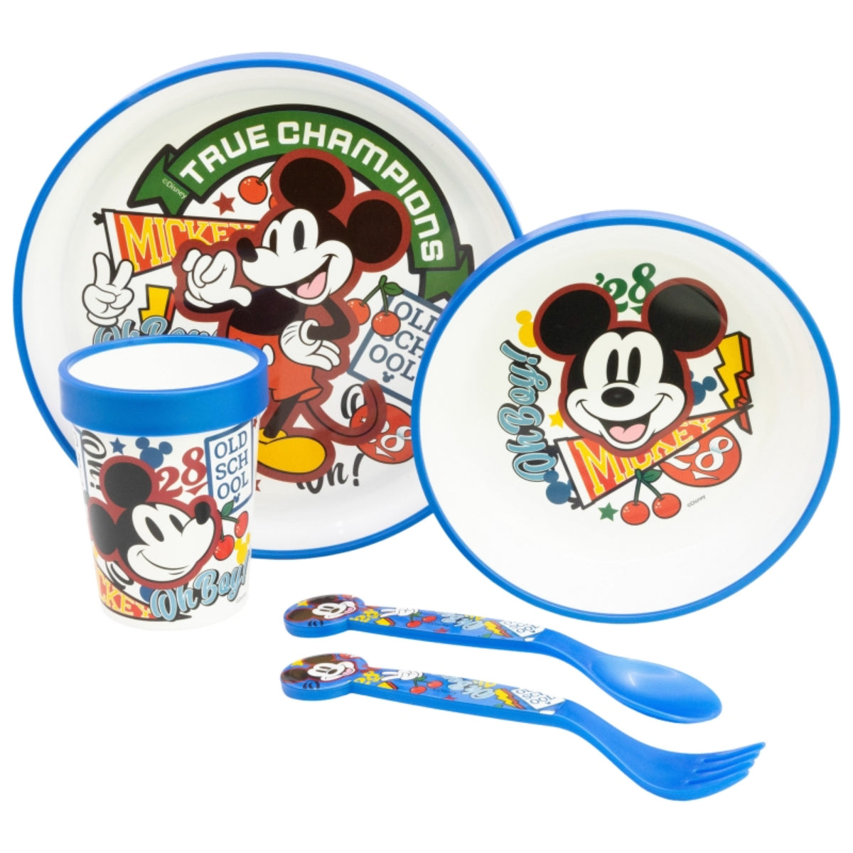 Disney Mickey Mouse Kindergeschirr Set 5-teilig Rutschfestes Ess-Set mit Teller, Schüssel, Becher & Besteck