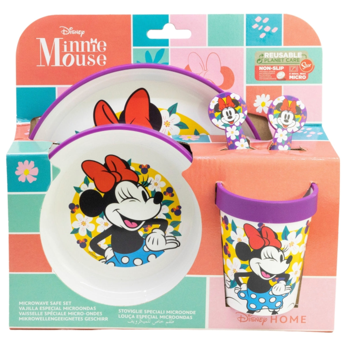 Disney Minnie Mouse Kindergeschirr Set 5-teilig Rutschfestes Ess-Set mit Teller, Schüssel, Becher & Besteck