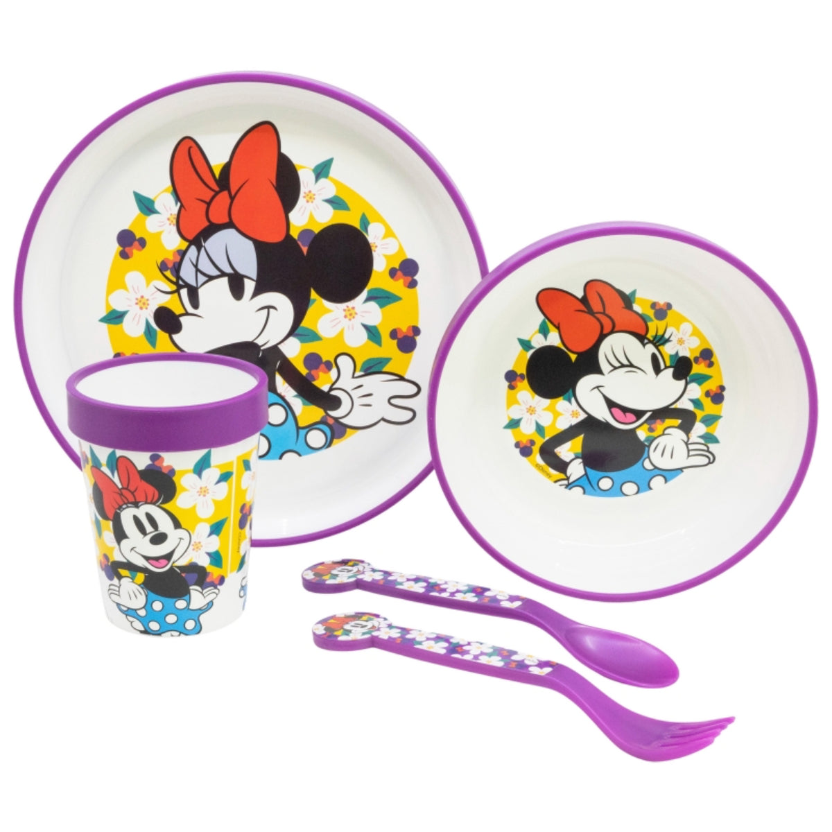 Disney Minnie Mouse Kindergeschirr Set 5-teilig Rutschfestes Ess-Set mit Teller, Schüssel, Becher & Besteck