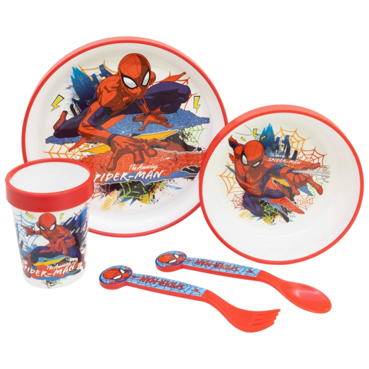 Spiderman Kindergeschirr Set 5-teilig Rutschfestes Ess-Set mit Teller, Schüssel, Becher & Besteck