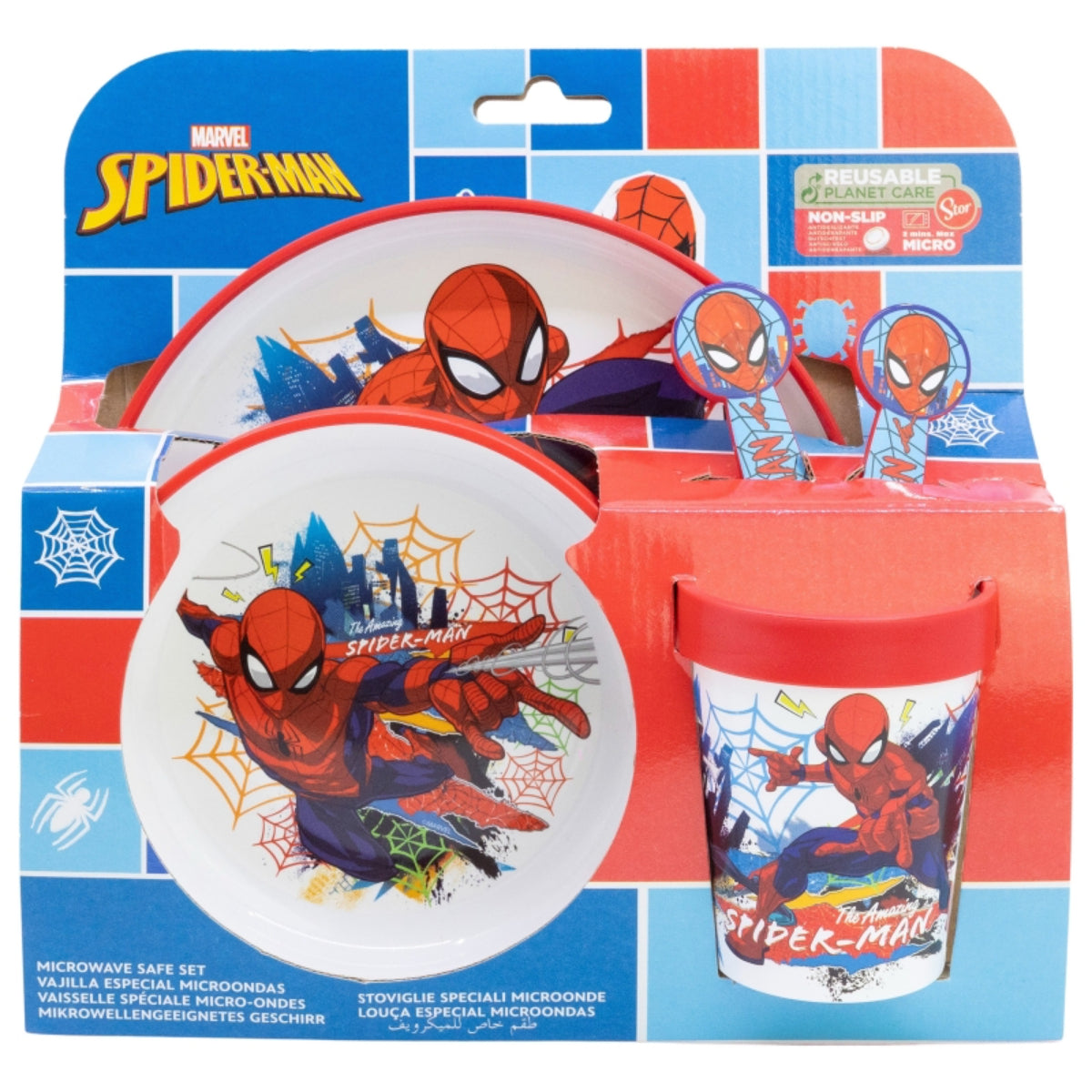 Spiderman Kindergeschirr Set 5-teilig Rutschfestes Ess-Set mit Teller, Schüssel, Becher & Besteck