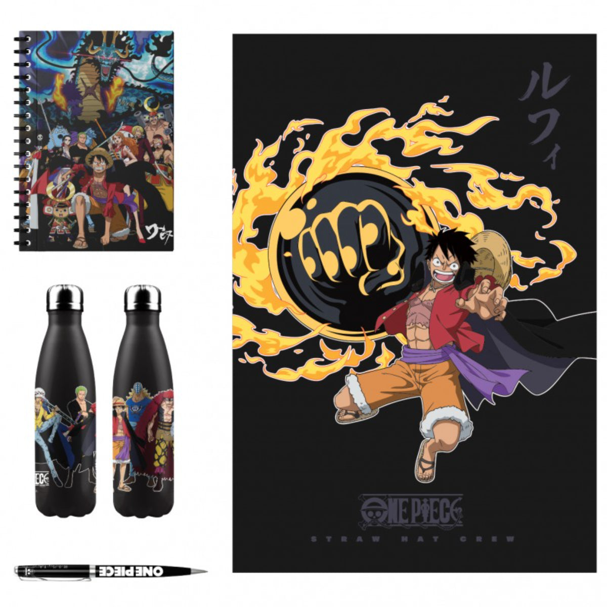 One Piece Geschenkset mit Thermosflasche 500 ml, Decke 140 × 100 cm, Notizbuch und Stift