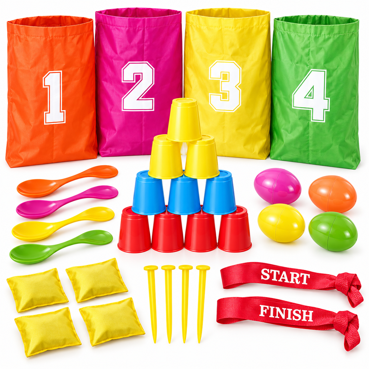 Partyset Kinder Outdoor Spiele 32-teilig mit Klassikern Sackhüpfen Eierlaufen und Dosenwerfen