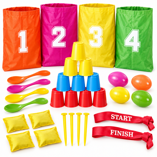 Partyset Kinder Outdoor Spiele 32-teilig mit Klassikern Sackhüpfen Eierlaufen und Dosenwerfen