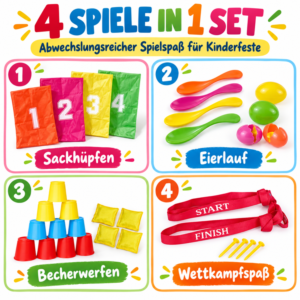 Partyset Kinder Outdoor Spiele 32-teilig mit Klassikern Sackhüpfen Eierlaufen und Dosenwerfen