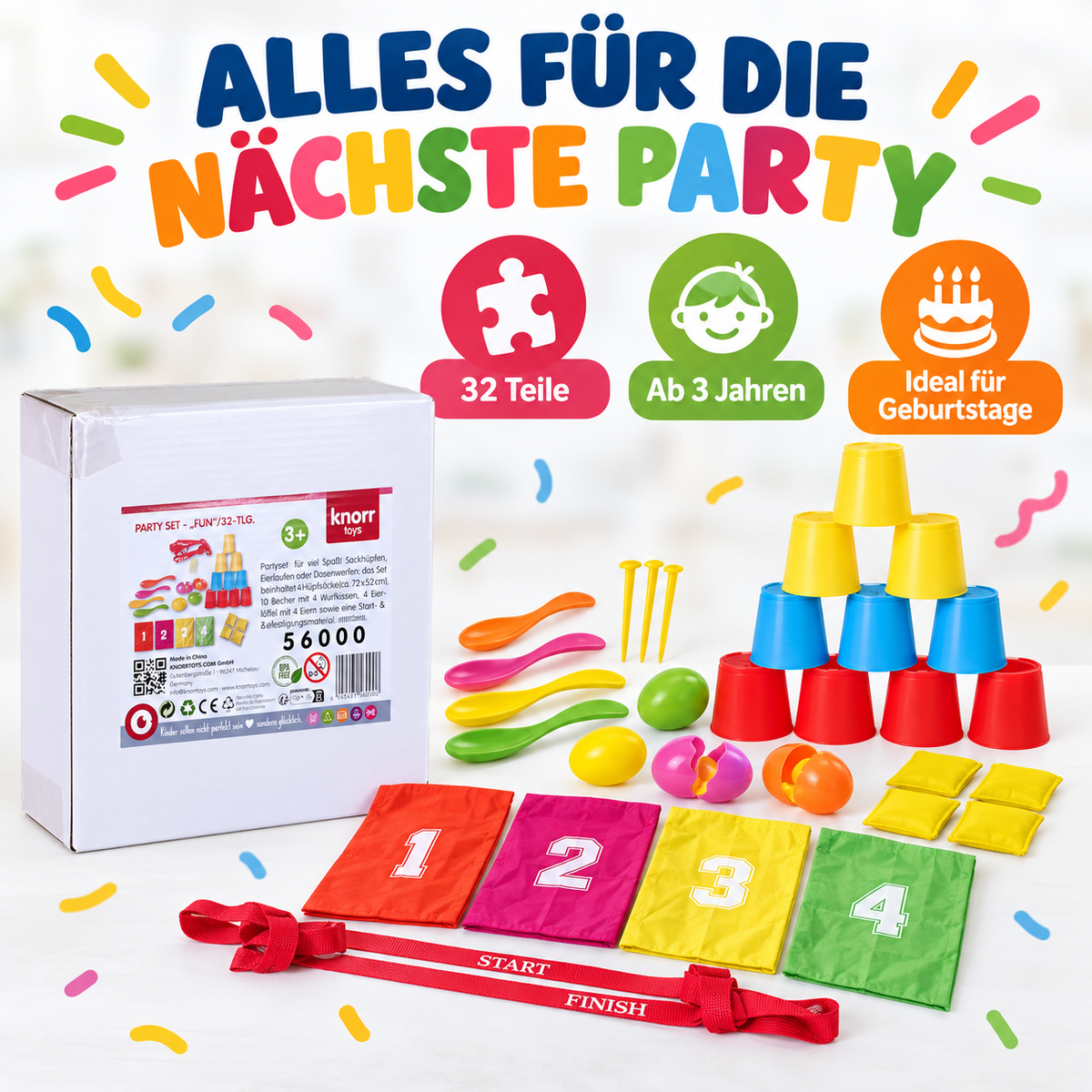 Partyset Kinder Outdoor Spiele 32-teilig mit Klassikern Sackhüpfen Eierlaufen und Dosenwerfen