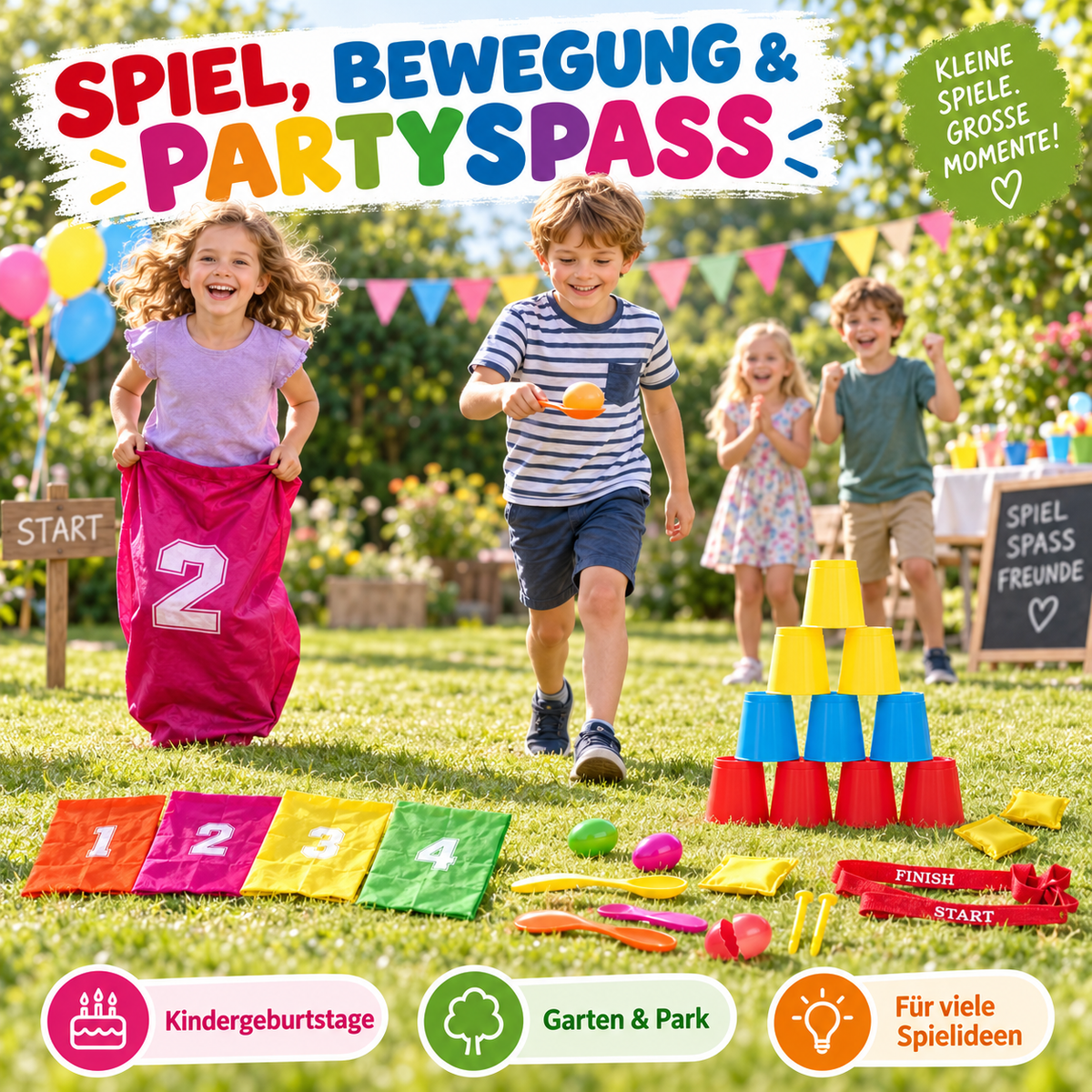 Partyset Kinder Outdoor Spiele 32-teilig mit Klassikern Sackhüpfen Eierlaufen und Dosenwerfen