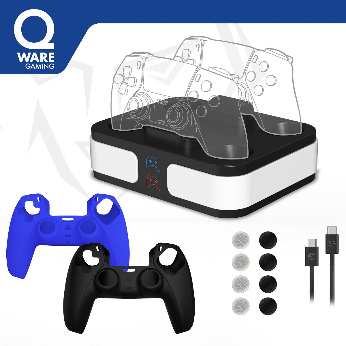 Qware Gaming Set – Fast-Charger, Thumb Grips & Silikonhüllen kompatibel mit PlayStation 5