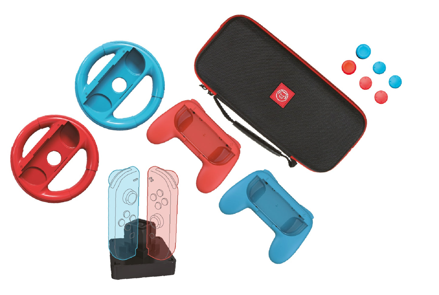 Qware accessoir set – 2 Lenkräder, 2 Controller, Ladegerät, Daumengriffe & Spielhüllen kompatibel mit Nintendo Switch