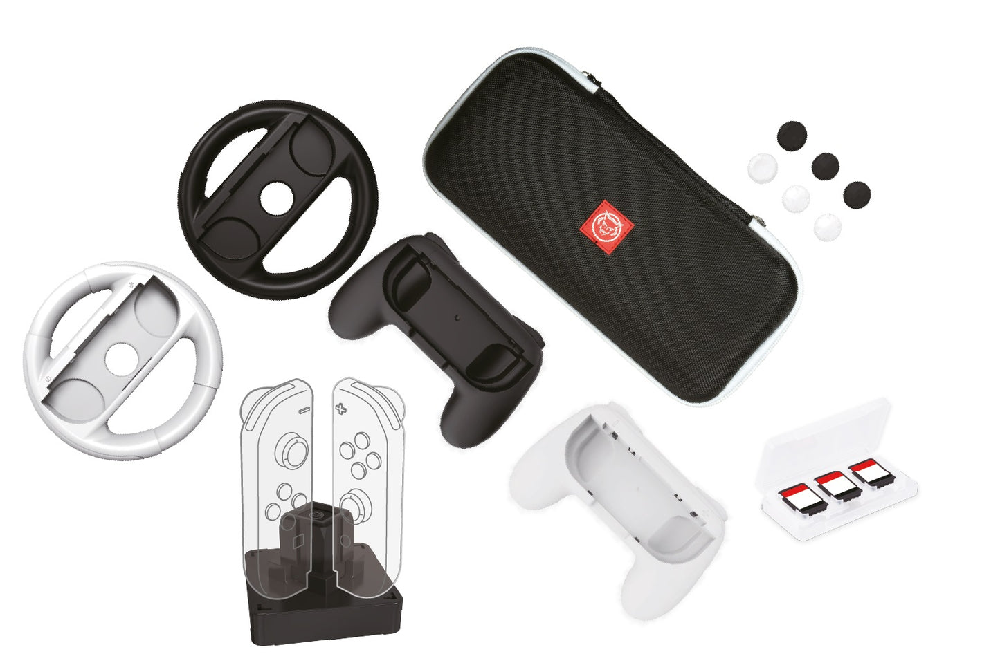 Qware accessoir set – 2 Lenkräder, 2 Controller, Ladegerät, Daumengriffe & Spielhüllen kompatibel mit Nintendo Switch