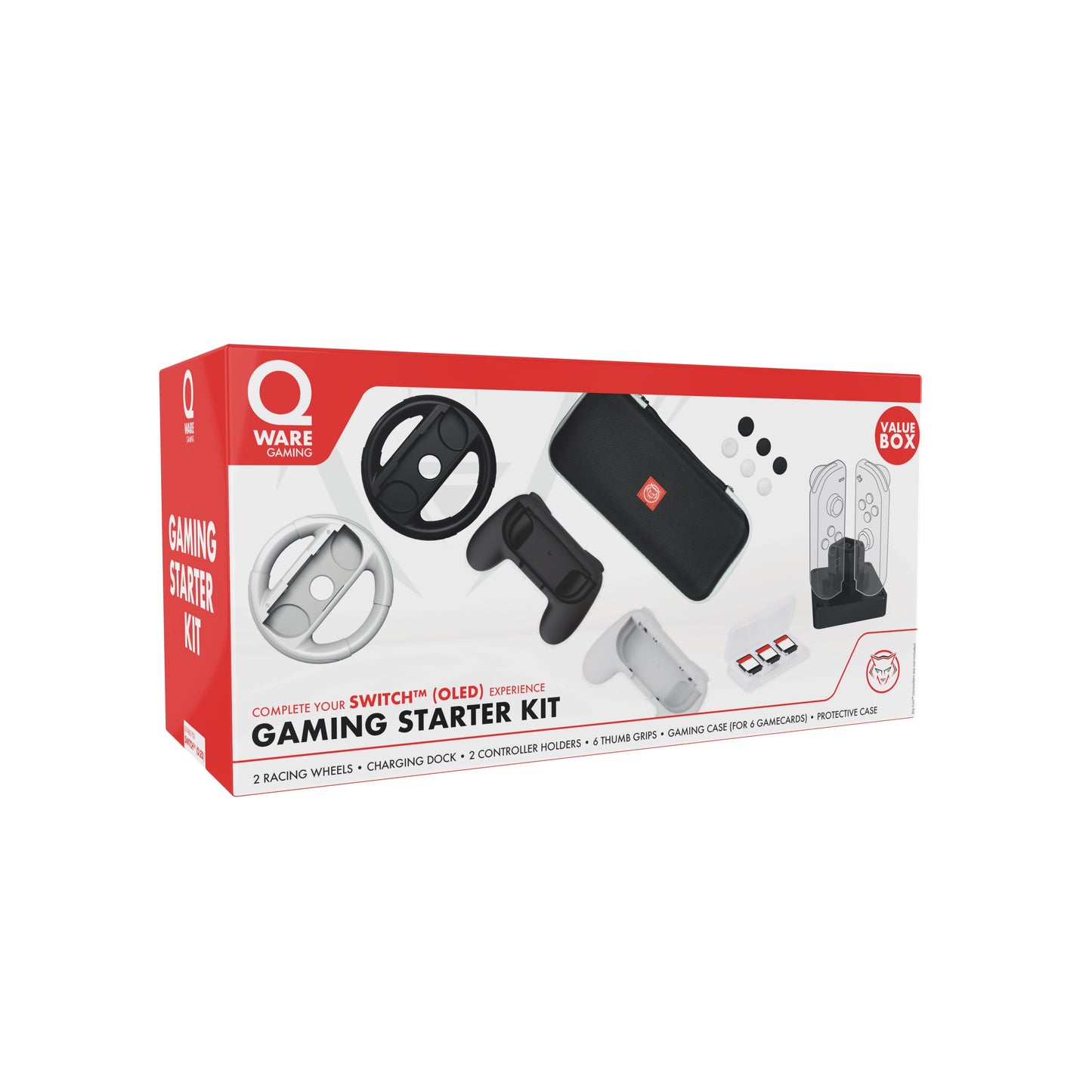 Qware accessoir set – 2 Lenkräder, 2 Controller, Ladegerät, Daumengriffe & Spielhüllen kompatibel mit Nintendo Switch