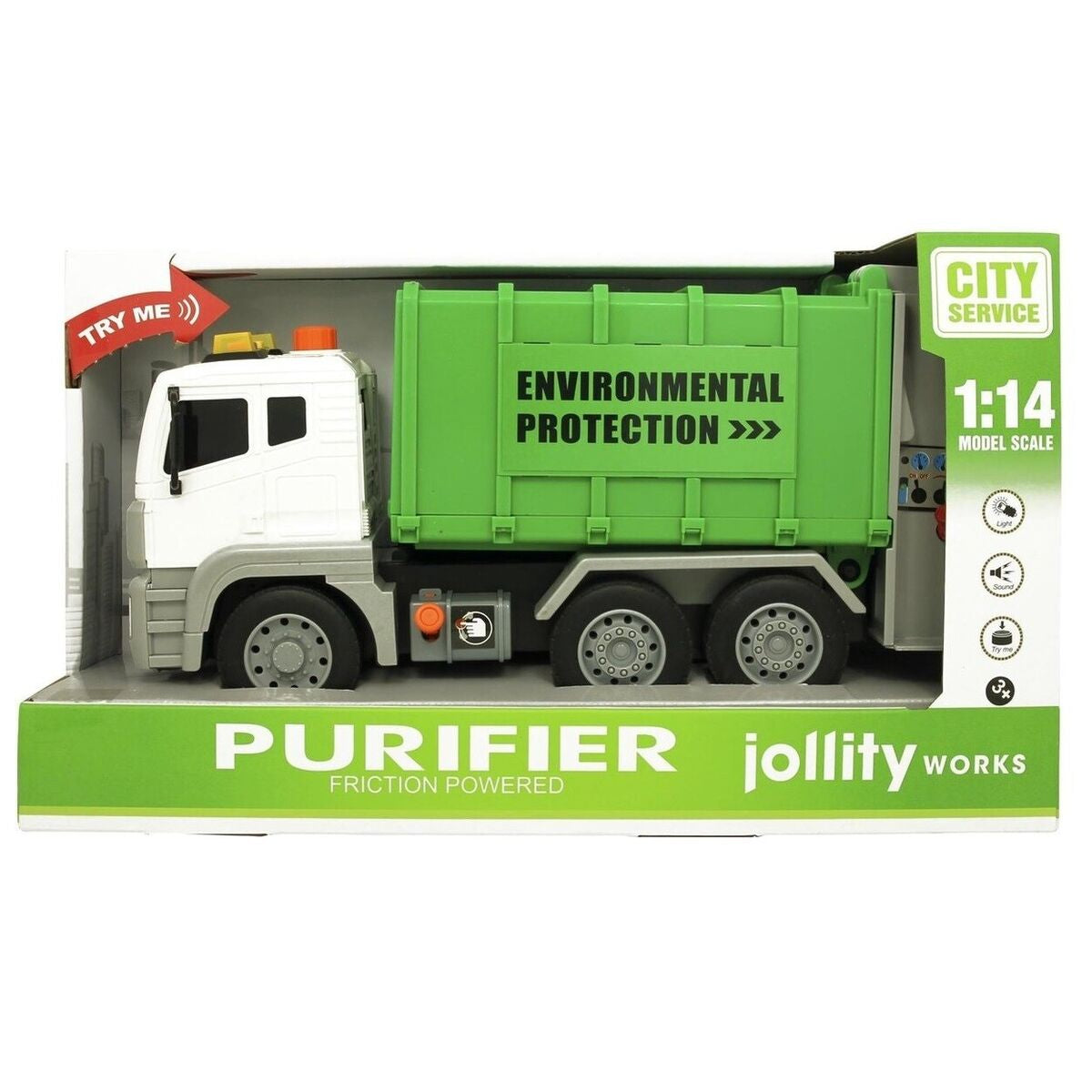 Jollity Works Garbage Truck Spielzeug LKW mit Effekten Licht- und Sound Truck
