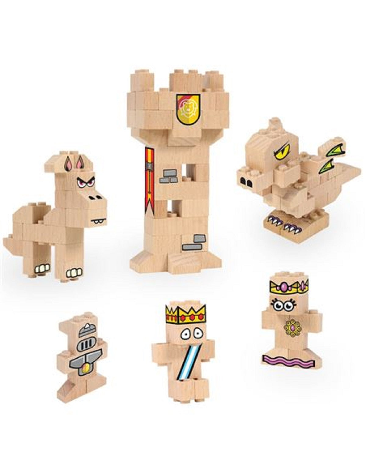 FabBrix Kingdom FB-1816 Holzbausteine, Klemmbausteine aus zertifiziertem Buchenholz, 100% kompatibel mit konventionellen Bausteinen