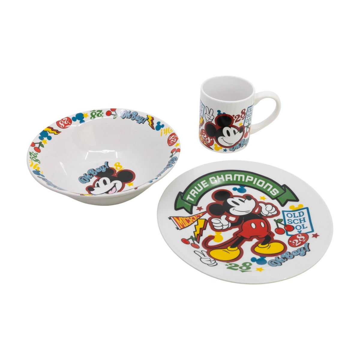 Disney Mickey Mouse Kinder Geschirr Set Keramik 3 teilig Teller Schüssel Becher in Geschenkbox
