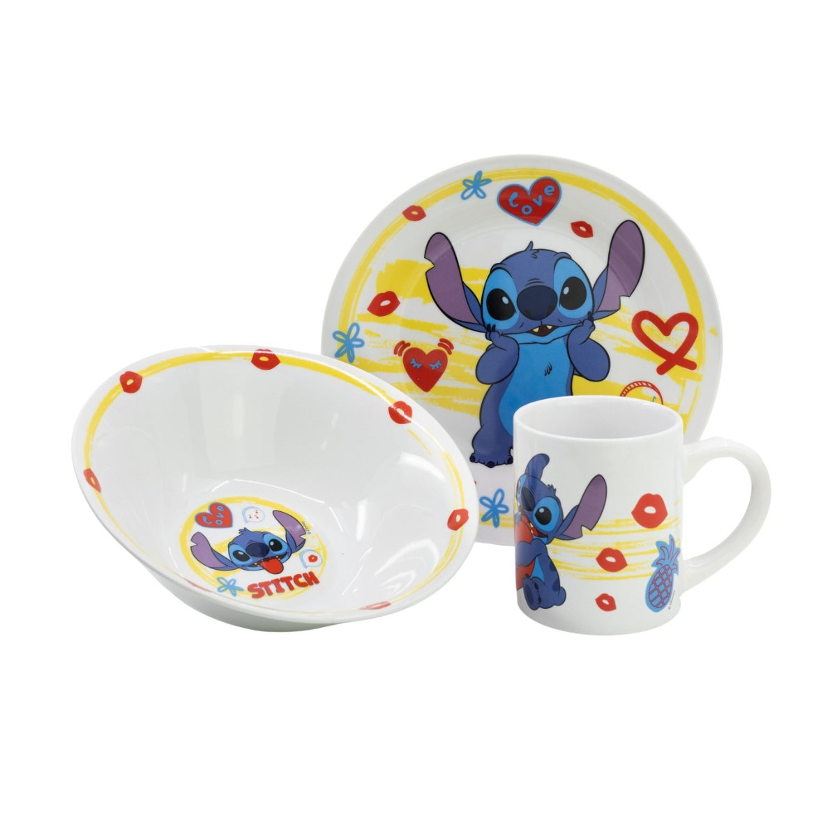 Disney Stitch Kinder Geschirr Set Keramik 3 teilig Teller Schüssel Becher in Geschenkbox