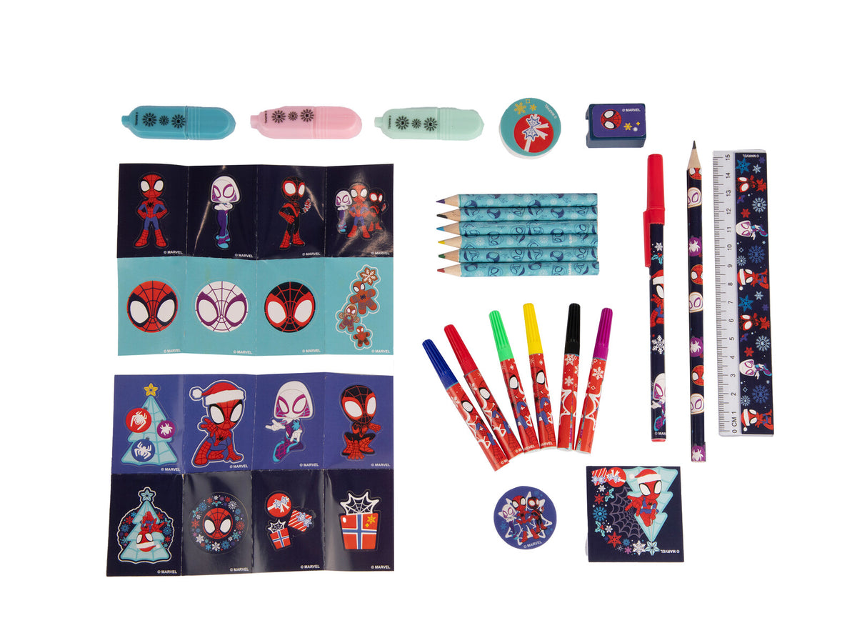 Marvel Spidey Weihnachtskalender Kinder mit Stiften Radierern Stickern Lineal und Malbuch