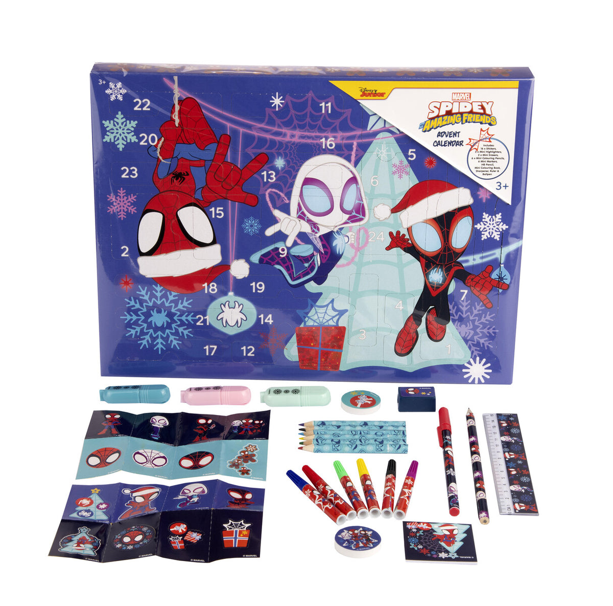 Marvel Spidey Weihnachtskalender Kinder mit Stiften Radierern Stickern Lineal und Malbuch