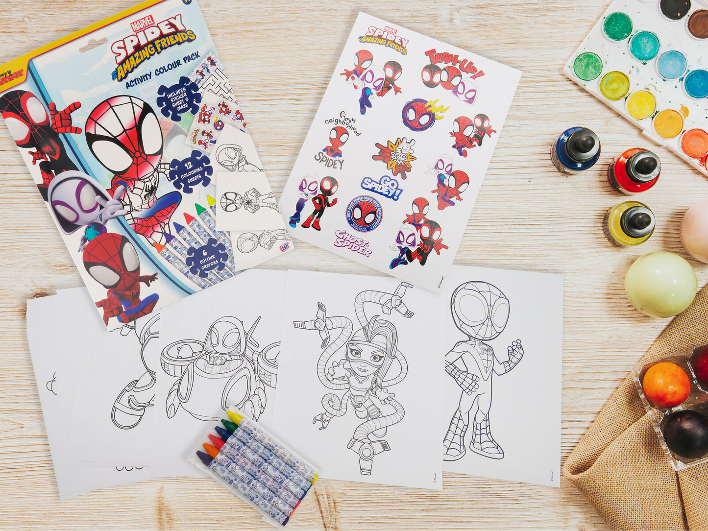 Spiderman Mal Aktivitätspaket Kinder mit 12 Malblättern 6 Buntstiften und Stickern