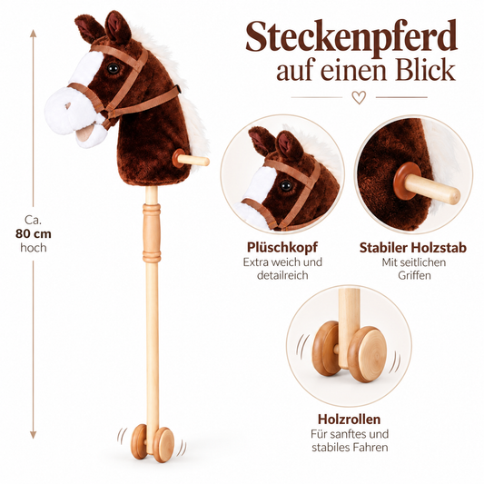 Steckenpferd Braun Kinder Spielpferd Reitspielzeug Rollenspiel 95 cm