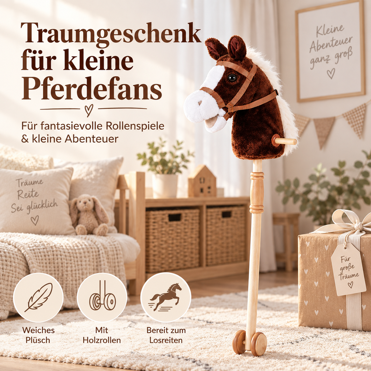 Steckenpferd Braun Kinder Spielpferd Reitspielzeug Rollenspiel 95 cm
