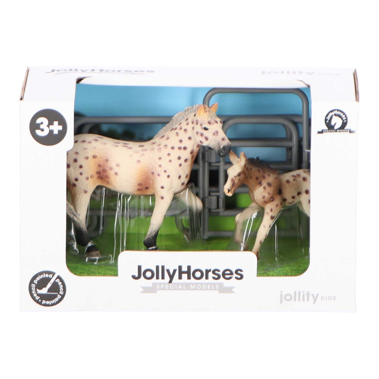JollyHorses Knapstrupper Pferd mit Fohlen und Zaun Realistisches Spielset für Kinder