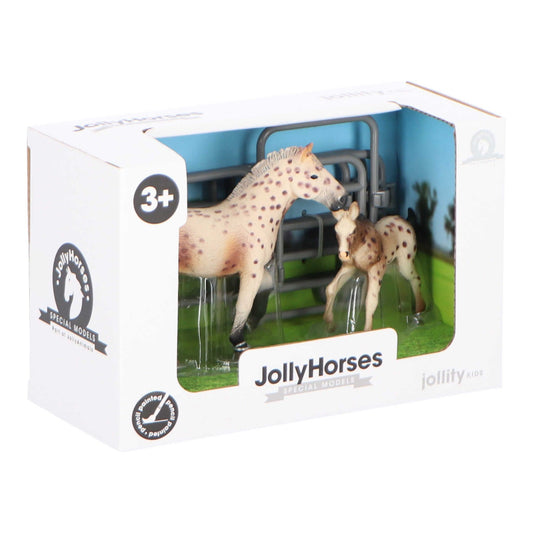 JollyHorses Knapstrupper Pferd mit Fohlen und Zaun Realistisches Spielset für Kinder
