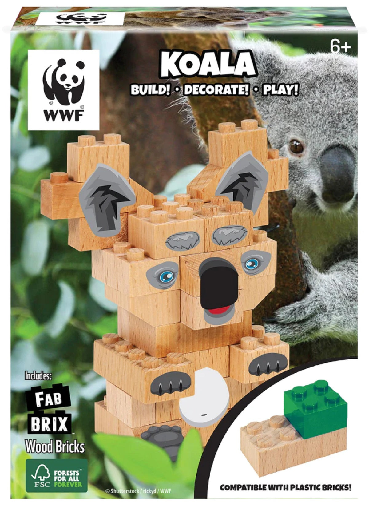 FabBrix WWF Koala Wooden Bricks Holzbausteine, Klemmbausteine aus zertifiziertem Buchenholz, 100% kompatibel mit konventionellen Bausteinen