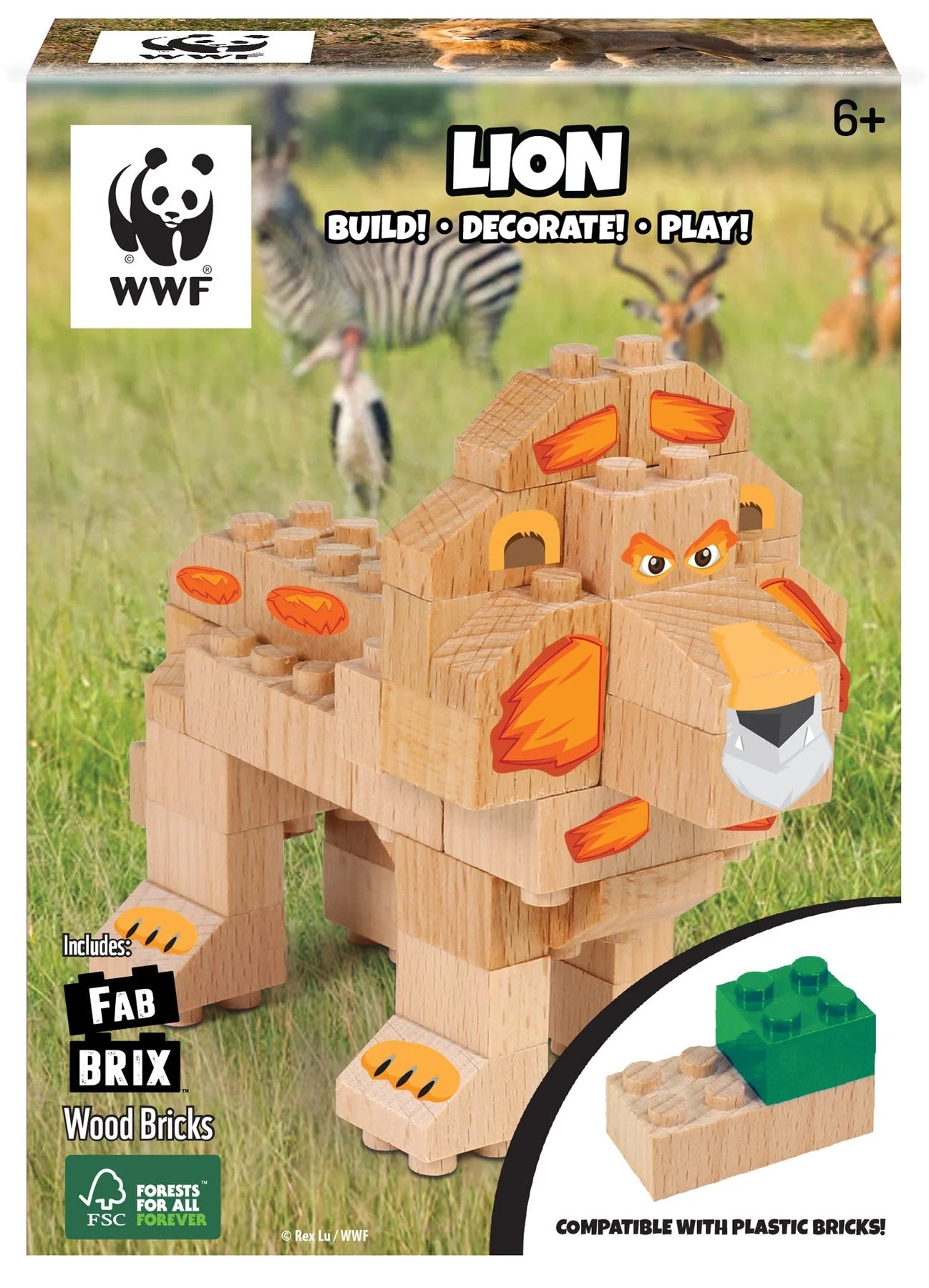 FabBrix WWF Wooden Bricks Löwe Holzbausteine, Klemmbausteine aus zertifiziertem Buchenholz, 100% kompatibel mit konventionellen Bausteinen FB-WWF009