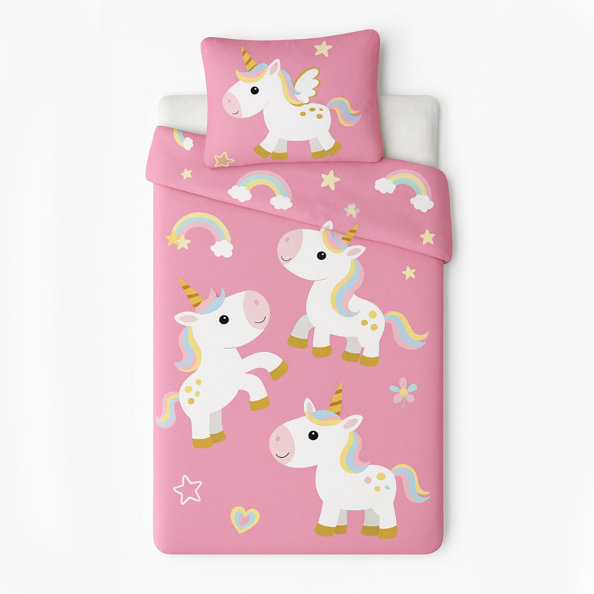 Unicorn Bettwäsche Einhorn-Motiv Bettbezug 135x200 cm + Kopfkissenbezug 80x80 cm Kinder-Bettwäsche-Set