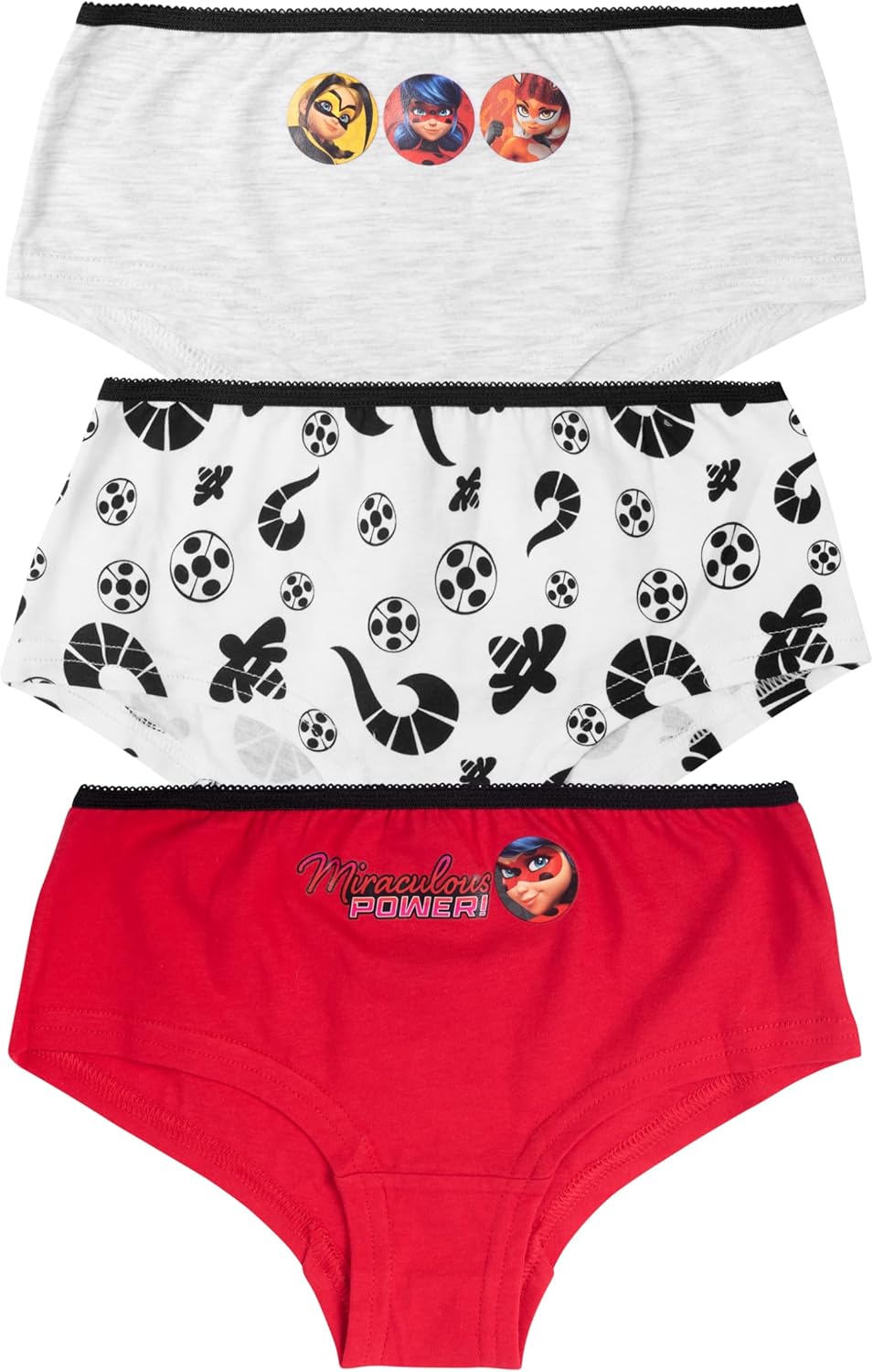 Miraculous Ladybug Panty für Mädchen - Kinder Unterhose Slip Unterwäsche Rot/Weiß/Grau (3er Pack)